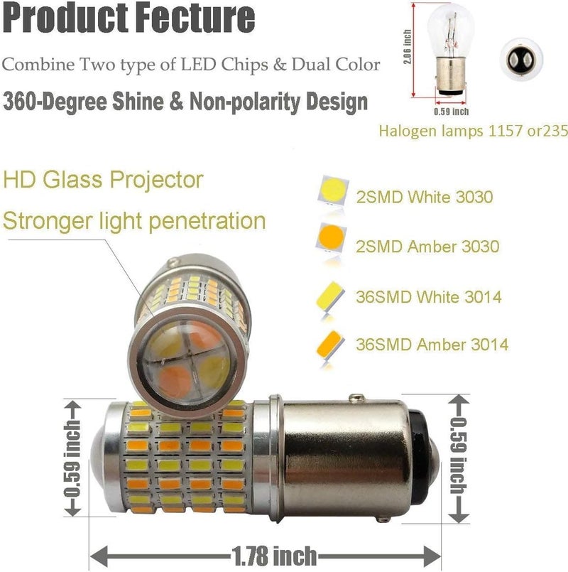 iBrightstar Super Bright 1157 2057 2357 7528 BAY15D P21/5W Switchback LED Bulbs with Projector Replacement for Daytime Running Lights/DRL and Turn Signal Lights, White/Amber - Image 2